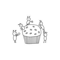 hand- getrokken kinderen tekening stijl grappig rood mieren werken samen met muffin in een tekenfilm stijl vector