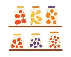 een reeks van potten met eigengemaakt jam. vector illustratie in een vlak stijl. hand- getrokken eigengemaakt fruit marmelade.