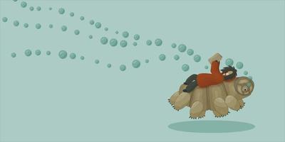 cartoon vector mens in winter of herfst jas ligt op hun rug en leest een boek over tardigrade op blauwe achtergrond gelukkig mos biggetje springt en zwemt onder water met bubbels