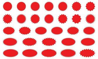 starburst rood sticker reeks - verzameling van speciaal aanbod uitverkoop ronde en ovaal zonnestraal etiketten en toetsen geïsoleerd Aan wit achtergrond. stickers en badges met ster randen voor promo reclame. vector