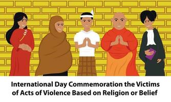 illustratie vector grafisch van vijf mensen met verschillend religie staand kant door kant samen, perfect voor Internationale dag, herdenking de slachtoffers, handelingen, geweld gebaseerd, religie of geloof.