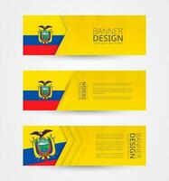 reeks van drie horizontaal banners met vlag van Ecuador. web banier ontwerp sjabloon in kleur van Ecuador vlag. vector