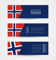 reeks van drie horizontaal banners met vlag van Noorwegen. web banier ontwerp sjabloon in kleur van Noorwegen vlag. vector