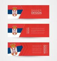 reeks van drie horizontaal banners met vlag van servië. web banier ontwerp sjabloon in kleur van Servië vlag. vector