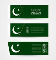 reeks van drie horizontaal banners met vlag van Pakistan. web banier ontwerp sjabloon in kleur van Pakistan vlag. vector