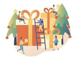 vrolijk kerstmis. winter vakantie concept. klein mensen versieren de Kerstmis boom. modern vlak tekenfilm stijl. vector illustratie