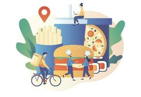 voedsel levering onderhoud. klein mensen bestellen voedsel online. koks en koerier bereiden voedsel naar bestellen. pizza, hamburger, Frans Patat, sushi. modern vlak tekenfilm stijl. vector illustratie Aan wit achtergrond