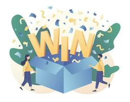 Open doos met confetti explosie binnen en winnen woord. u winnen concept. klein mensen Proficiat winnaar. modern vlak tekenfilm stijl. vector illustratie Aan wit achtergrond