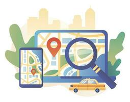 GPS navigatie concept. taxi onderhoud. zoeken Aan plaats. online kaart. wij hebben verhuisd. modern vlak tekenfilm stijl. vector illustratie