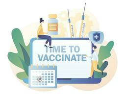 tijd naar vaccineren herinneringen Aan laptop scherm. klein mensen artsen met vaccin, spuit, fles en kalender. vaccinatie concept. modern vlak tekenfilm stijl. vector illustratie Aan wit achtergrond