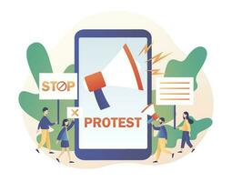 online protest en sociaal werkzaamheid concept. optocht, politiek vergadering of rally. klein mensen demonstranten, Holding spandoeken, plakkaten en megafoons. modern vlak tekenfilm stijl. vector illustratie