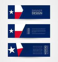 reeks van drie horizontaal banners met ons staat vlag van Texas. web banier ontwerp sjabloon in kleur van Texas vlag. vector