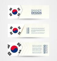 reeks van drie horizontaal banners met vlag van zuiden Korea. web banier ontwerp sjabloon in kleur van zuiden Korea vlag. vector