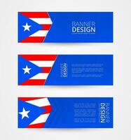 reeks van drie horizontaal banners met vlag van puerto rico. web banier ontwerp sjabloon in kleur van puerto rico vlag. vector