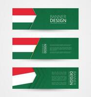 reeks van drie horizontaal banners met vlag van Hongarije. web banier ontwerp sjabloon in kleur van Hongarije vlag. vector