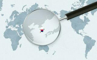 Azië gecentreerd wereld kaart met uitvergroot glas Aan zuiden Korea. focus Aan kaart van zuiden Korea Aan vreedzaam centraal wereld kaart. vector