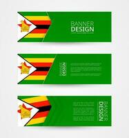 reeks van drie horizontaal banners met vlag van Zimbabwe. web banier ontwerp sjabloon in kleur van Zimbabwe vlag. vector