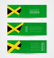 reeks van drie horizontaal banners met vlag van Jamaica. web banier ontwerp sjabloon in kleur van Jamaica vlag. vector