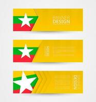 reeks van drie horizontaal banners met vlag van myanmar. web banier ontwerp sjabloon in kleur van Myanmar vlag. vector