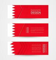 reeks van drie horizontaal banners met vlag van bahrein. web banier ontwerp sjabloon in kleur van Bahrein vlag. vector