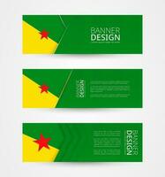 reeks van drie horizontaal banners met vlag van Frans Guyana. web banier ontwerp sjabloon in kleur van Frans Guyana vlag. vector