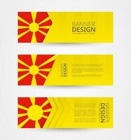 reeks van drie horizontaal banners met vlag van Macedonië. web banier ontwerp sjabloon in kleur van Macedonië vlag. vector