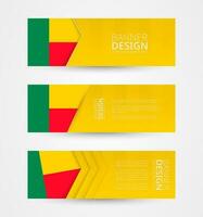 reeks van drie horizontaal banners met vlag van Benin. web banier ontwerp sjabloon in kleur van Benin vlag. vector