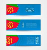 reeks van drie horizontaal banners met vlag van eritrea. web banier ontwerp sjabloon in kleur van eritrea vlag. vector