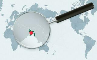 Azië gecentreerd wereld kaart met uitvergroot glas Aan bangladesh. focus Aan kaart van Bangladesh Aan vreedzaam centraal wereld kaart. vector