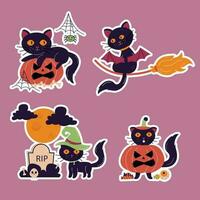 hand- getrokken stickers karakter halloween kat. kat in verschillend poses vector