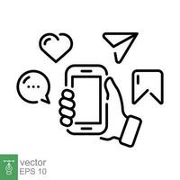 hand- Holding telefoon met bericht, sociaal media icoon. gemakkelijk schets stijl. houden smartphone, babbelen app concept. dun lijn symbool. vector illustratie geïsoleerd Aan wit achtergrond. eps 10.