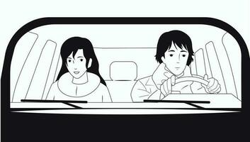 een meisje en een vent zijn het rijden in een auto. zwart en wit. laptop scherm vector
