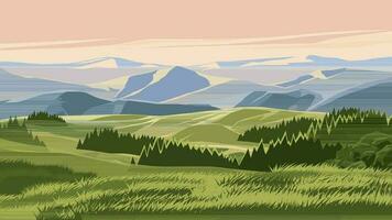 vector vlak landschap illustratie van platteland met bergen en weide