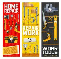 tekenfilm reparatie, diy werk gereedschap karakters, banners vector