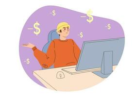 Mens zittend Aan de computer. mannetje verliezende geld online. concept van geld problemen. vector illustratie voor faillissement, verlies, crisis