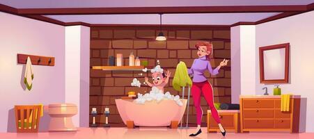 baby en mam in badkamer wassen haar- met shampoo vector