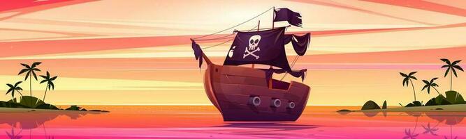 piraat schip in de buurt zee eiland strand zonsondergang tekenfilm vector