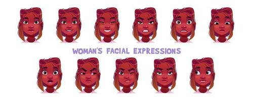 zwart vrouw gezicht uitdrukking tekenfilm vector reeks