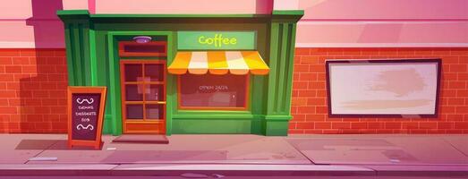 tekenfilm stad cafe met groen retro facade vector