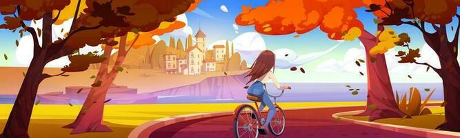 jong vrouw rijden fiets in herfst park vector