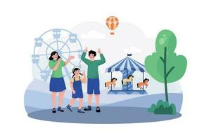 een familie bezoeken een dichtbij amusement park voor een leuk gevuld ochtend- van ritten en attracties. vector