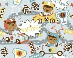 naadloos patroon vector van auto racing met grappig beer tekenfilm, auto racing elementen