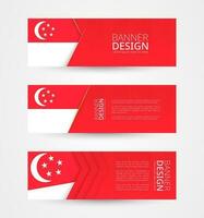 reeks van drie horizontaal banners met vlag van Singapore. web banier ontwerp sjabloon in kleur van Singapore vlag. vector