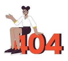 Afrikaanse Amerikaans jong meisje zittend Aan fout 404 flash bericht. zonnebril koel vrouw. leeg staat ui ontwerp. bladzijde niet gevonden pop-up tekenfilm afbeelding. vector vlak illustratie concept Aan wit achtergrond