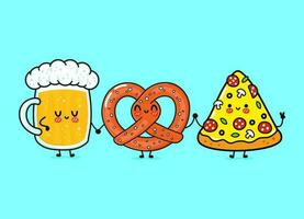 schattig, grappig vrolijk glas bier, pizza en krakeling. vector hand getekend kawaii stripfiguren, illustratie pictogram. grappige cartoon glas bier, pizza en pretzel mascotte vrienden concept
