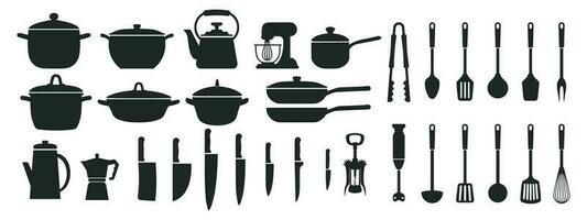 groot reeks van keuken gebruiksvoorwerpen, silhouet. potten, pannen, pollepel, ketel, koffie maker, mixer, blender, messen. pictogrammen, vector