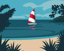 zeegezicht, zeilboot, jacht Aan de zee met tropisch planten. zomer illustratie, poster, vector