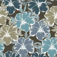 naadloos patroon, blauw, groen en beige hibiscus bloemen met wit schets. retro afdrukken, textiel, achtergrond, vector