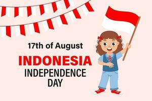 Indonesië onafhankelijkheid dag. schattig weinig meisje met de vlag van Indonesië. tekenfilm illustratie, banier, poster, vector