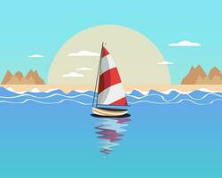 zeegezicht, wit zeilboot, jacht tegen de backdrop van de zee en bergen. zomer illustratie, vector